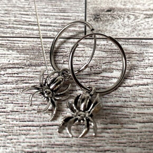 Silver Plated Spider Charm, Nickel Free, Small Hoop Earrings - Picture 7 of 7